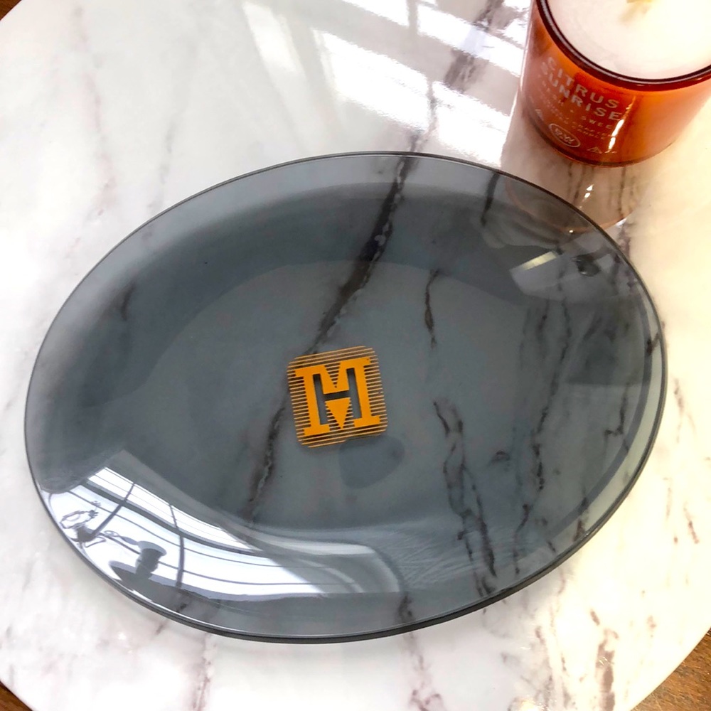 Glass catch-all oval tray with an H or M monogram. Versatile!